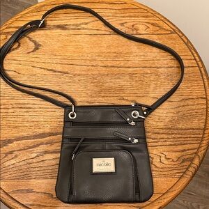 Nicole Elegant Black Crossbody‎ Bag 8x8x.75 multiple zipper pockets faux leather